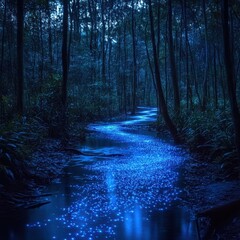 Obraz premium Bioluminescent river flows through dark forest at night; fantasy background