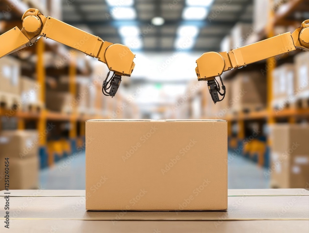 Poster e-commerce logistics automation sustainability. robotic systems in a warehouse using ai to optimize 