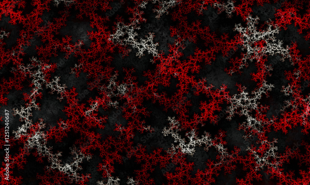 Poster abstract fractal art featuring a mesmerizing pattern of red and white organic shapes on a dark backg