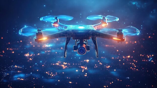 Futuristic Drone with Neon Lights in Cyberpunk Style Against Starry Background