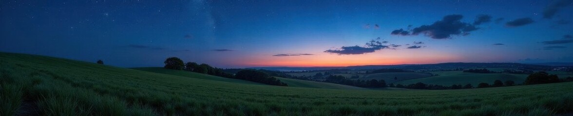 Obraz premium Vast expanse of European farmland under night sky, starscape, farm