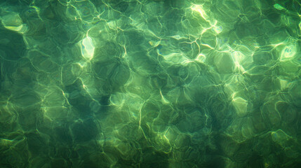 Rippling water reflections create serene atmosphere with glowing highlights. vibrant green hues enhance tranquil beauty of water surface