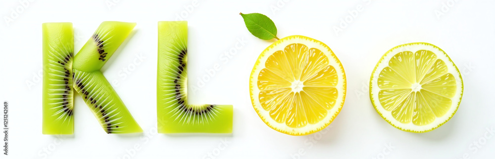 Poster Alphabet Letters K And L Made From Kiwi And Lemon Are Isolated On A White Background In A Colorful Design. 00001