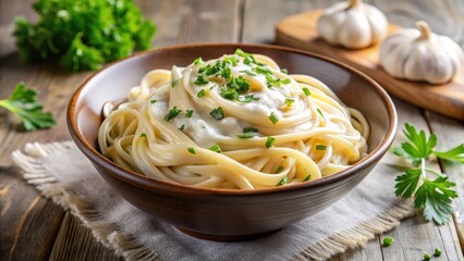 Steaming bowl of pasta with garlic sauce, al dente noodles in a savory white sauce, sprinkle of parsley for freshness