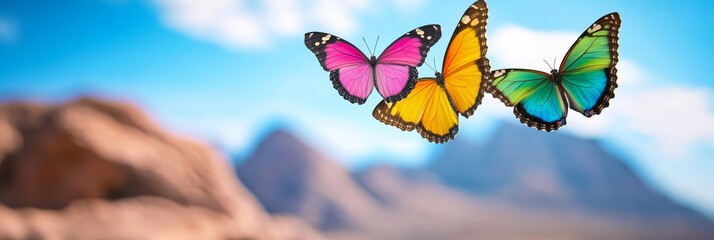 Three Butterflies Soaring Over Desert Mountains - Three vibrant butterflies, pink, yellow, and teal, gracefully fly over a majestic desert landscape, symbolizing freedom, transformation, beauty, hope