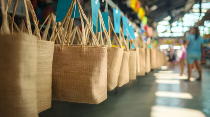 Colorful market bags display local market photography bright environment close-up view artisan craftsmanship for eco-friendly shopping