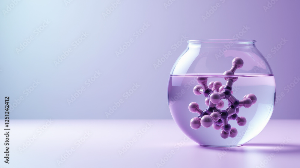 Sticker A clear glass vase filled with water holding purple semaglutide particles against a light purple background.