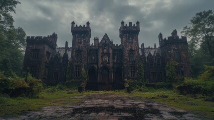 Obraz premium Overgrown Gothic castle, rain, forest, mystery, game background