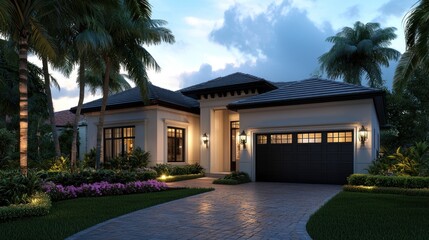 Tropical house dusk, driveway, landscaping, Florida
