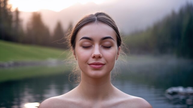 A young relaxed woman meditates in nature while sitting near a mountain lake. Her eyes are closed, she has a slight smile on her face.
