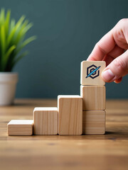 Assemble Wood Blocks On A Table With An Icon To Illustrate A Business Development Concept And Reach A Strategic Goal Step By Step. 00002
