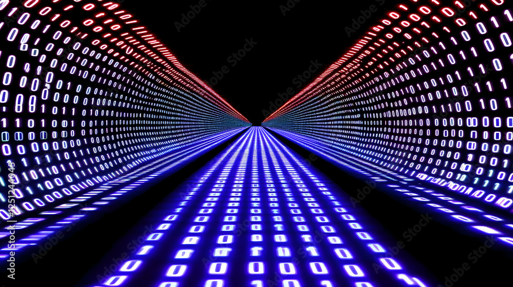 Aufkleber futuristic digital tunnel of binary code, glowing blue and red, abstract technology background.