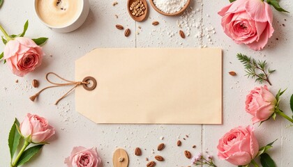 Delicate wedding favor tag surrounded by flowers and candles, celebration