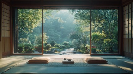 Fototapeta premium Tranquil Japanese garden view from room