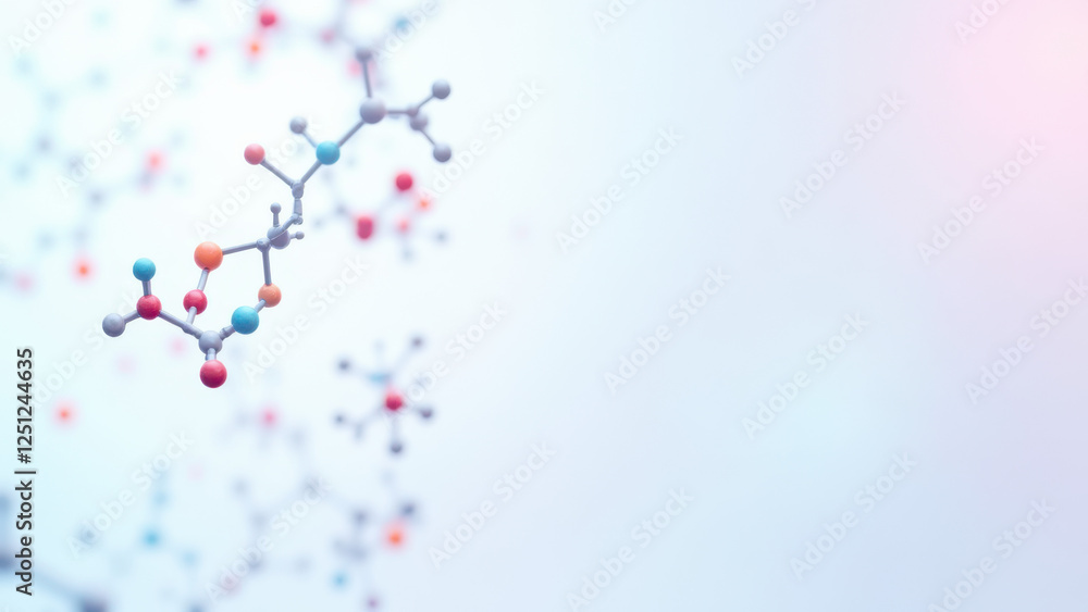 Poster a close-up of a semi-transparent structure resembling a glucose molecule with red balls at each corn