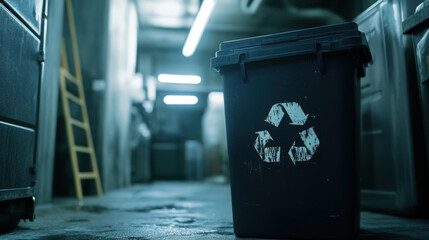 black recycling bin in dimly lit industrial space, emphasizing sustainability and waste management. environment suggests focus on eco friendly practices