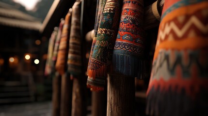 Woven textiles hanging outdoors, night market background