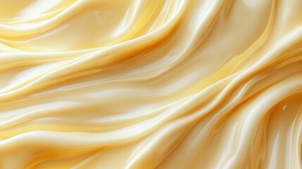 Fototapeta premium Closeup of yellow cream moisturizer smear on a beige background with wavy texture for skincare product designs and beauty applications