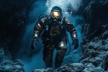 Fototapeta premium Diver exploring Icelandic lava tube, underwater adventure, geothermal background, science exploration
