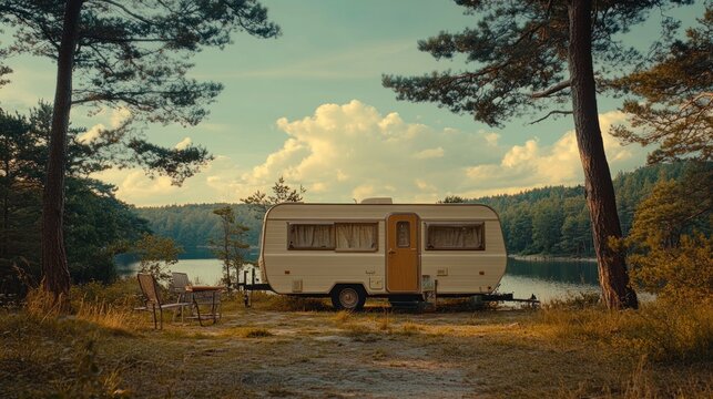 Vintage caravan lakeside camping, sunset, tranquil forest