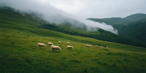Serene Pastoral Landscape with Sheep Grazing in Lush Green Meadows Under Soft Misty Mountains