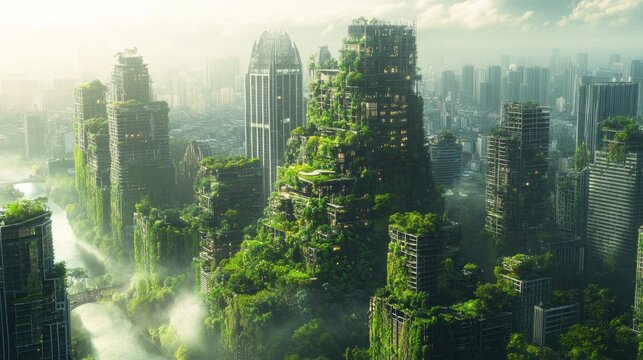 Nature reclaiming futuristic city skyline; overgrown buildings, misty river, environmental disaster concept