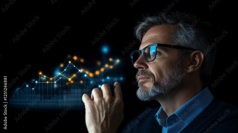 Aufkleber thoughtful man analyzing data trends with digital graphs in background, showcasing insights and anal