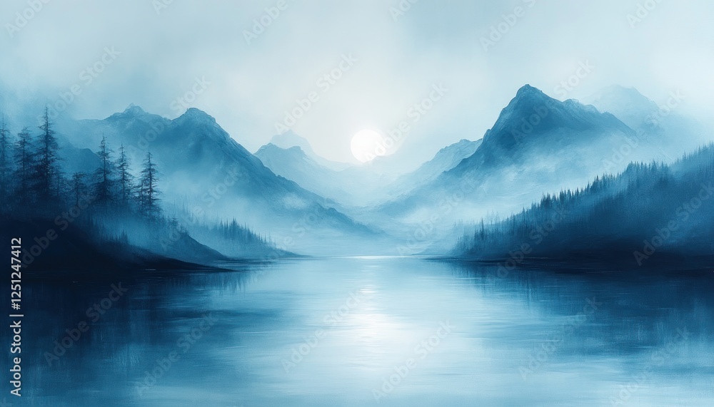 Poster minimalist abstract landscape with smooth gradient of pale blues and whites for design uses