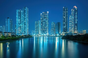 Naklejka premium Night cityscape, river reflection, skyscrapers, tranquil, coastal