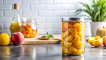Fresh can of yellow peaches in sweet syrup on a white kitchen counter , sweet syrup