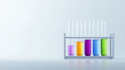 Colorful glass test tubes in metal rack filled with liquids, showcasing vibrant hues. Perfect for scientific themes and laboratory settings