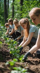 Group of Young Women Planting Vegetables in Lush Green Garden