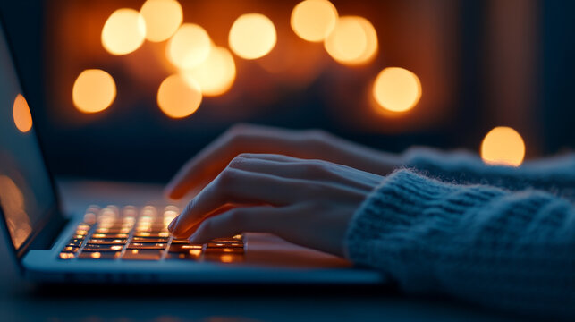 person typing on laptop with warm bokeh lights in background creates cozy atmosphere. soft glow enhances focus on hands and keyboard, evoking sense of productivity and comfort