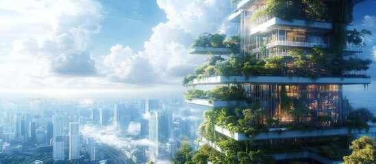 Verdant skyscraper rises above cityscape, sunny day
