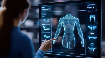 In a futuristic fashion design studio, a professional stylist is working with innovative augmented reality software, designing virtual 3d clothes and shoes on a holographic digital mannequin