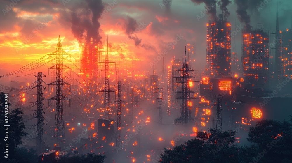 Poster futuristic cyberpunk power grid data visualization with energy consumption analysis and market trend