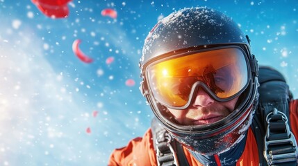 An intrepid sky diver enjoying a remarkable descent amidst a stunning sky filled with colorful parachutes, capturing the thrill and beauty of this extreme sport.