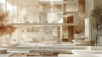 Fototapeta premium Modern minimalist house, glass walls, courtyard, sunlight, autumn trees, architectural visualization