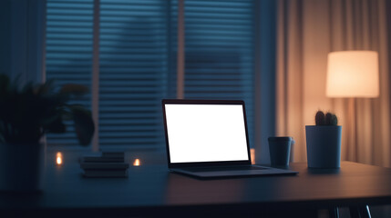 cozy workspace at night featuring laptop, plant, and soft lighting.