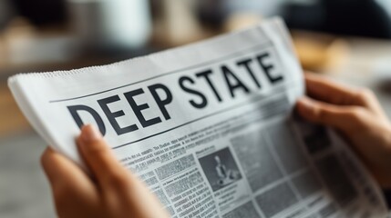 Hands gripping newspaper displaying deep state headline, revealing professional reading current political news in workplace setting