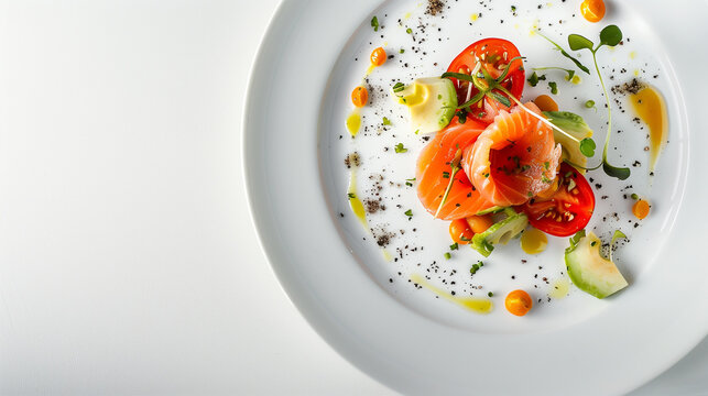 Top view of delicious food on a white plate, elegant presentation