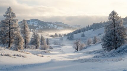Snowy mountain valley sunrise; frosted trees, winter landscape, scenic postcard