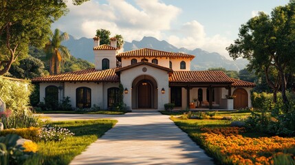 Obraz premium Mountainside villa driveway, landscaping, sunset