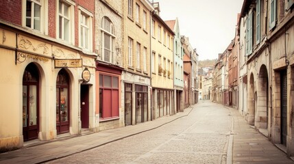 Cobblestone street, quaint town, empty shops, hill background, travel brochure