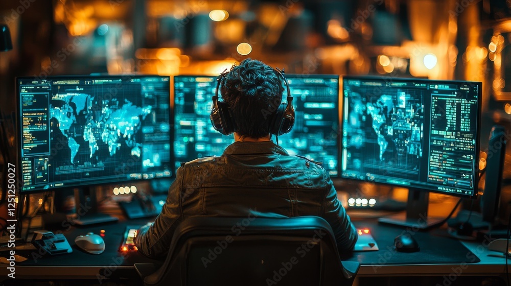 Poster a person wearing headphones is focused on multiple glowing screens displaying data and maps in a dar