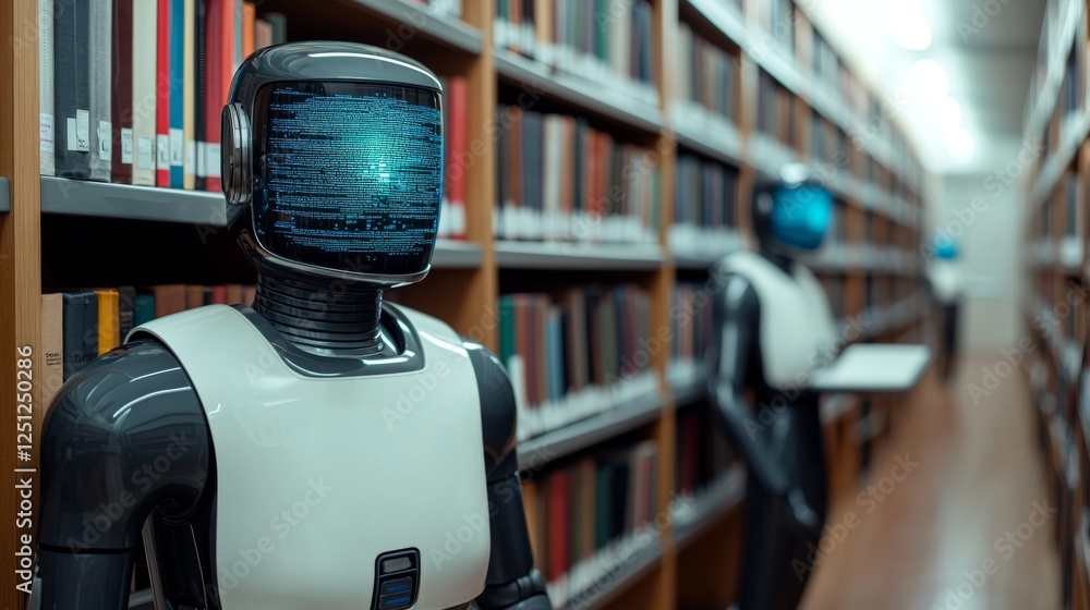 Poster two humanoid robots with digital screens for heads stand in a modern library filled with books, show