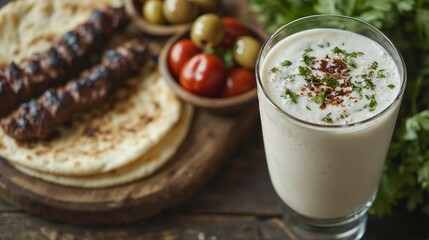 Turkish ayran yogurt drink with grilled kebabs and olives on a plate