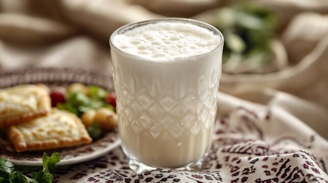 Glass of Turkish ayran yogurt drink with crackers and salad