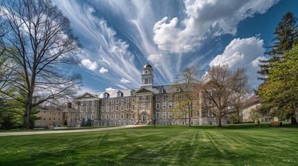 Historic old main building at penn state university on a sunny spring day in state college, pennsylvania