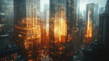 Cityscape, glowing buildings, urban, night, finance, aerial, street, dusk, advertising, digital art